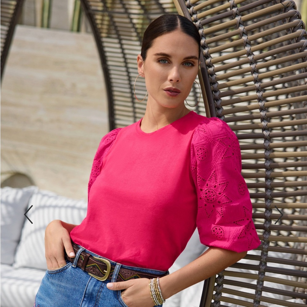 Jade Johnny Was NORA EASY TEE sz large pink red puff 3/4 sleeve eyelet casual